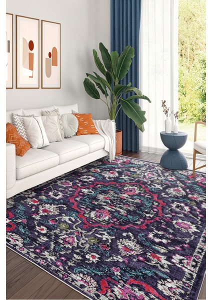 Yeni Desen Yıkanabilir Kaymaz Tabanlı Bohem Tarz Dijital Baskı Salon Halısı, Yumuşak Dokulu Lüks Halı Modeli ve 40 x 60 Mor Renk Dikdörtgen Halı