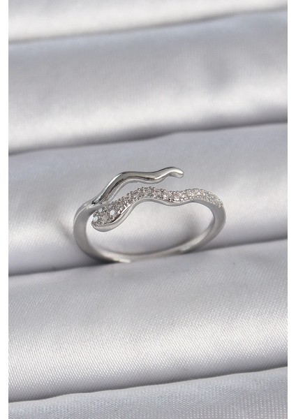 Bfs Pirinç Gümüş Renk Zirkon Taşlı Yılan Ayarlanabilir Model Kadın Yüzük
