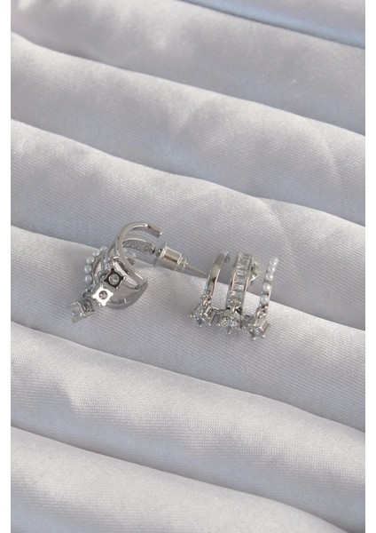 Bfs Pirinç Gümüş Renk Incili Çoklu Zirkon Taşlı Yarım Halka Küpe fiyatları