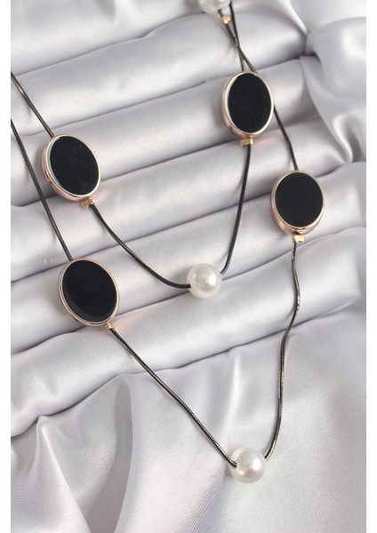 Bfs Pirinç Siyah Renk Zincir Inci Detaylı Çoklu Kadın Kolye