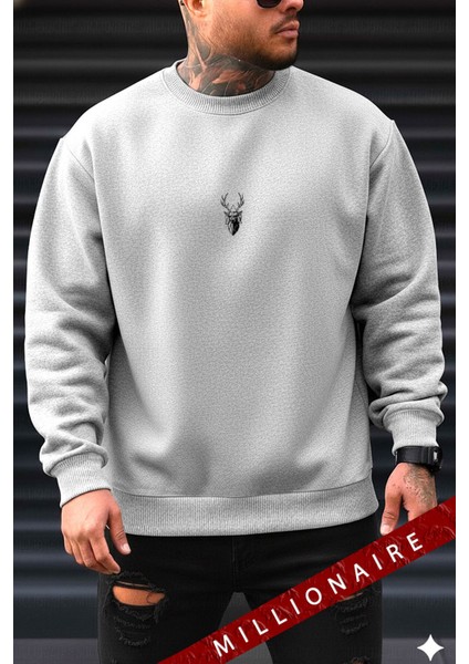 Erkek Gri Melanj Geyik Kalın Soft 3 Iplik Içi Şardonlu 0 Sıfır Yaka Oversize Salaş Sweatshirt