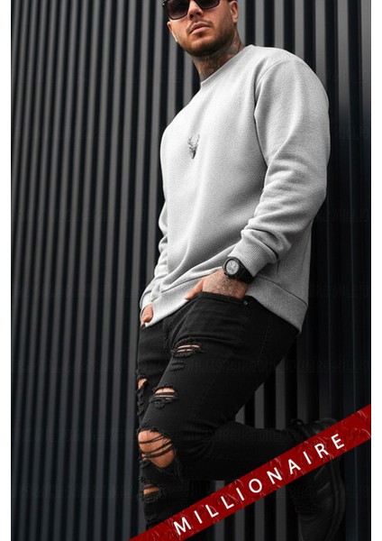 Erkek Gri Melanj Geyik Kalın Soft 3 Iplik Içi Şardonlu 0 Sıfır Yaka Oversize Salaş Sweatshirt modelleri