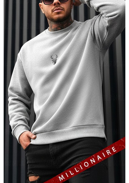 Erkek Gri Melanj Geyik Kalın Soft 3 Iplik Içi Şardonlu 0 Sıfır Yaka Oversize Salaş Sweatshirt fırsatları