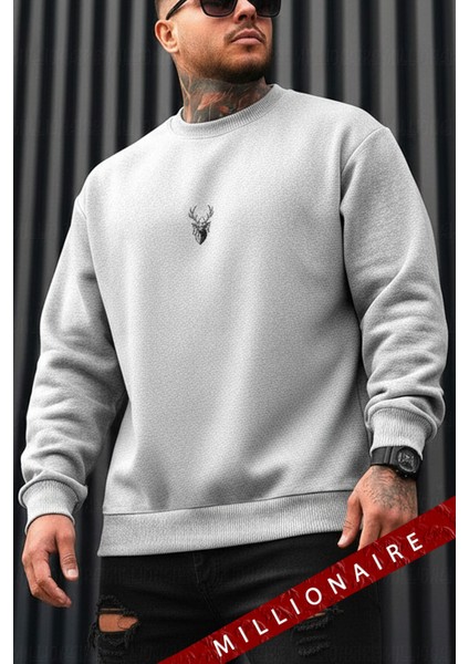 Erkek Gri Melanj Geyik Kalın Soft 3 Iplik Içi Şardonlu 0 Sıfır Yaka Oversize Salaş Sweatshirt indirimleri
