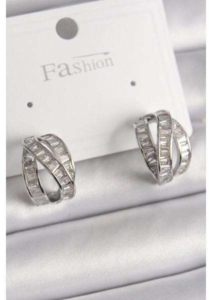 Bfs Pirinç Gümüş Renk Zirkon Taşlı Düğüm Halka Model Kadın Küpe