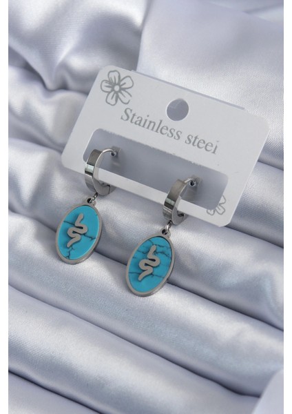 Bfs 316L Çelik Gümüş Renk Oval Mavi Taşlı Yılan Figür Kadın Küpe