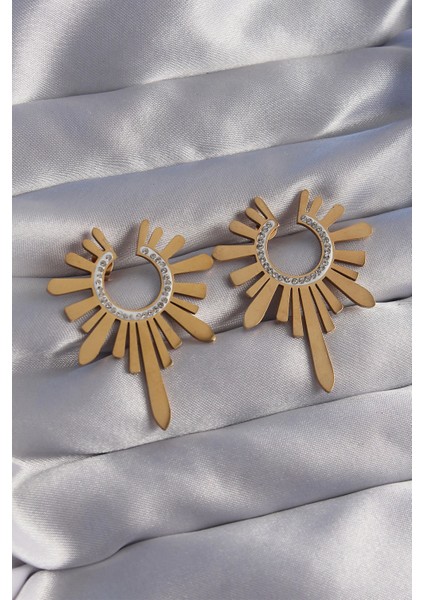 Bfs 316L Çelik Gold Renk Zirkon Taşlı Güneş Figürlü Küpe