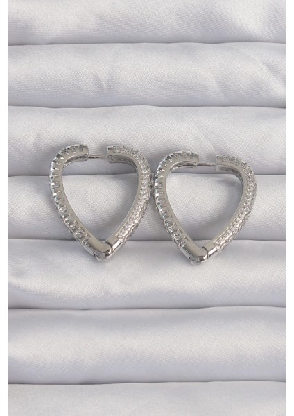 Bfs Pirinç Gümüş Renk Zirkon Taşlı Motifli Kalp Küpe