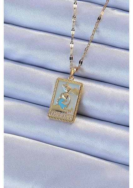 Bfs 316L Çelik Zincir Altın Renk Mavi Mineli Tarot Kolye