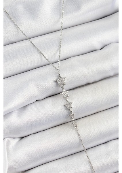 Bfs Pirinç Zirkon Taşlı Sıralı Yıldız Figürlü Y Model Gümüş Renk Kadın Kolye