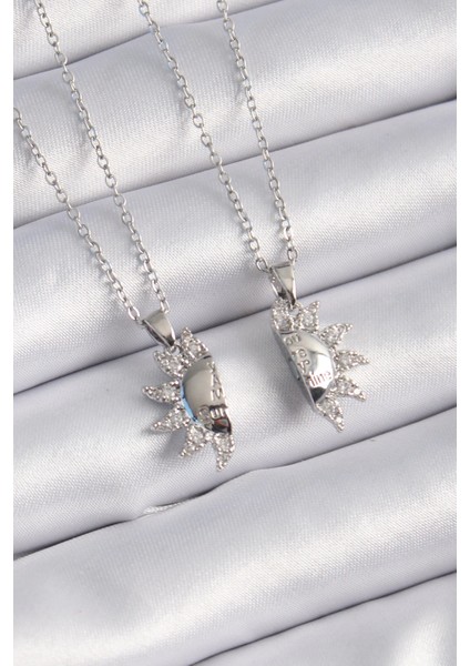 Bfs 316L Çelik Gümüş Renk Zirkon Taşlı Güneş Model Işleme Yazı Detay Arkadaşlık Kolyesi