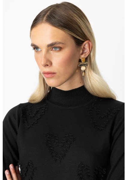 Kadın Püsküllü Kalp Detaylı Dik Yaka Kazak 65325 Siyah fiyatları