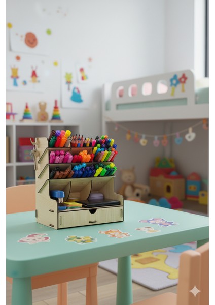 Gird 9 Gözlü Çekmeceli Masaüstü Ahşap Organizer Kalemlik- Takı Makyaj Çok Amaçlı Organizer