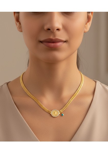 Altın Renk Çeyrek Figürlü Göz Nazar Detay Çelik Kolye