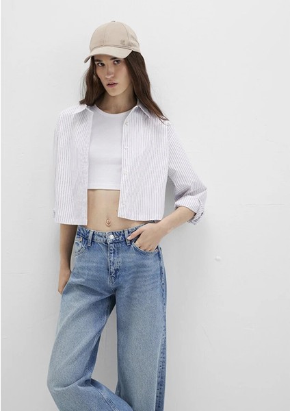 Çizgili Beyaz Crop Gömlek 1211297-88614