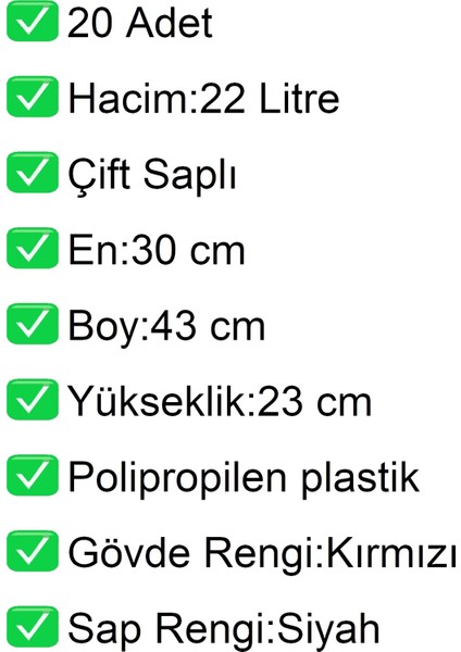 Plastik Market Alışveriş El Sepeti 22 Litre Kırmızı 20 Adet fiyatları