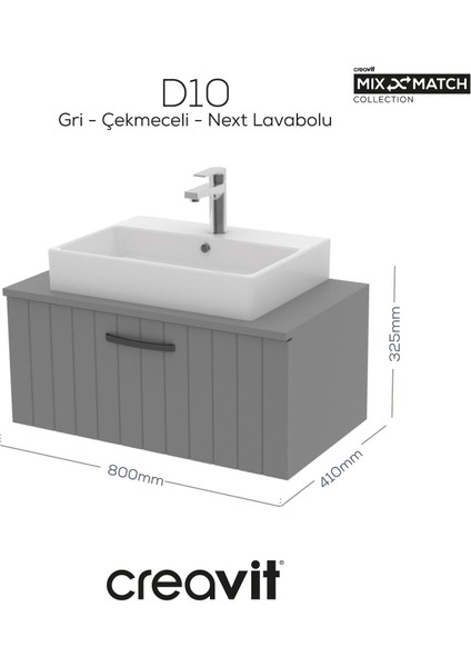 D10 Next Lavabo Dolabı Çekmeceli 80 cm Gri Lake