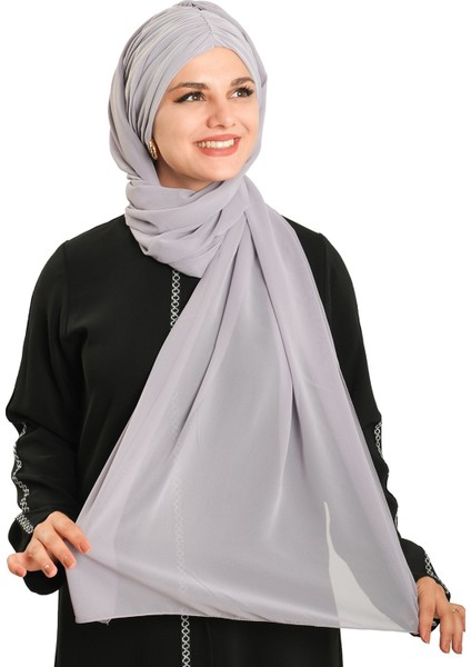 Gri Pratik Hazır Geçmeli Bone Şal Şifon Drapeli 2507_15