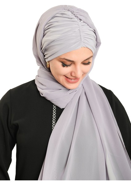 Gri Pratik Hazır Geçmeli Bone Şal Şifon Drapeli 2507_15 modelleri