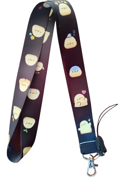 Siyah Civciv Desenli Boyun Askı Ipi ve Telefon Askısı + Kartlık