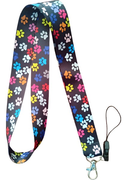 Siyah Renk Renkli Pati Desenli Boyun Askı Ipi ve Telefon Askısı + Kartlık