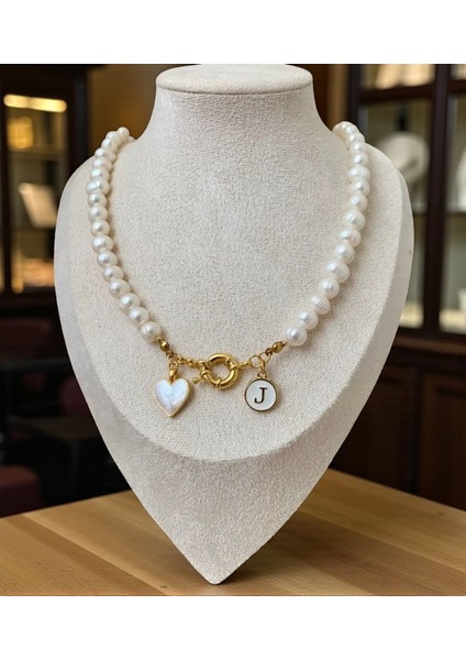Sertifikalı Gerçek Inci Kolye Kalp ve Harf Charm Gemici Kilit Çeyrek Altın Kolye