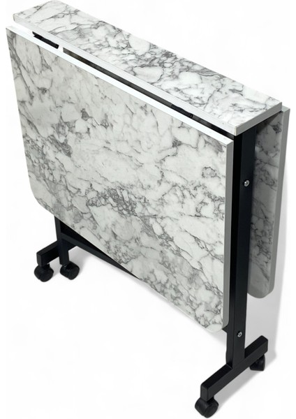 Demaz Serisi 1.sınıf 70x110 Beyaz Mermer Desen Açılabilir Katlanabilir Tekerlekli Masa Yemek Masası Siyah Metal Ayak
