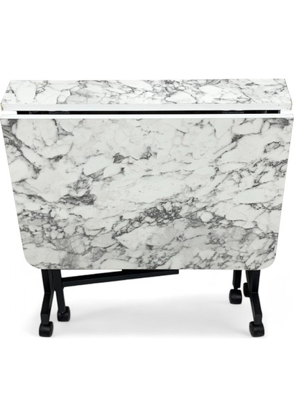 Demaz Serisi 1.sınıf 70x110 Beyaz Mermer Desen Açılabilir Katlanabilir Tekerlekli Masa Yemek Masası Siyah Metal Ayak fiyatları