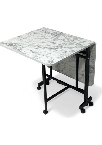 Demaz Serisi 1.sınıf 70x110 Beyaz Mermer Desen Açılabilir Katlanabilir Tekerlekli Masa Yemek Masası Siyah Metal Ayak modelleri