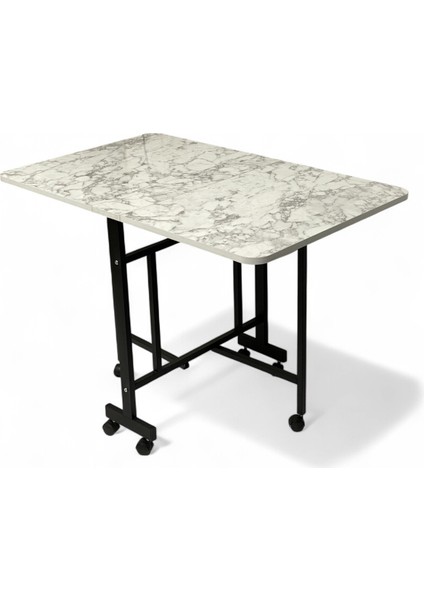 Demaz Serisi 1.sınıf 70x110 Beyaz Mermer Desen Açılabilir Katlanabilir Tekerlekli Masa Yemek Masası Siyah Metal Ayak fırsatları