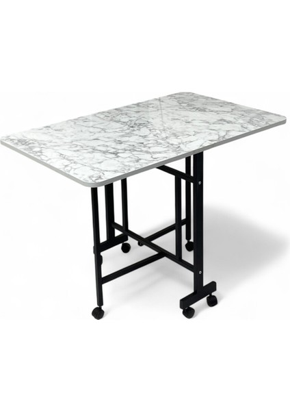 Demaz Serisi 1.sınıf 70x110 Beyaz Mermer Desen Açılabilir Katlanabilir Tekerlekli Masa Yemek Masası Siyah Metal Ayak indirimleri