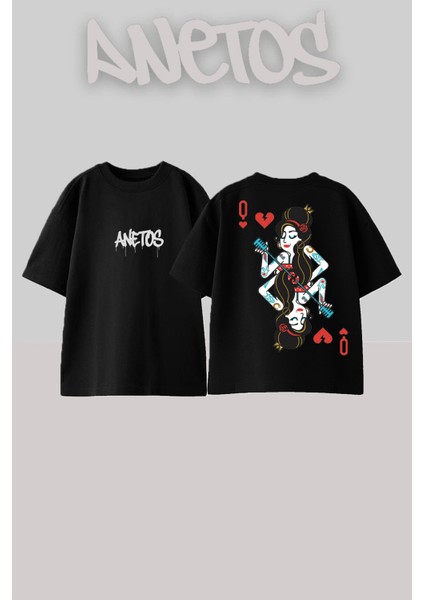 Kart Tasarım Sırt Baskılı Pamuk Siyah Oversize T-Shirt