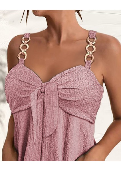 Kadın Kolsuz Askı Aksesuarlı Önü Bağlama Detay Salopet Şort Tulum