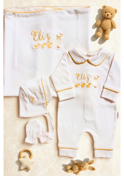 Civciv Nakış Isme Özel 6'lı Yenidoğan Set %100 Pamuk Tulum Battaniye Yastık Şapka Puset Örtü Eldivn