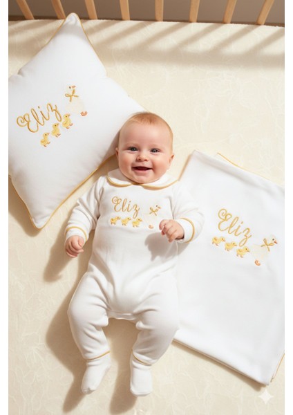 Civciv Nakış Isme Özel 6'lı Yenidoğan Set %100 Pamuk Tulum Battaniye Yastık Şapka Puset Örtü Eldivn fiyatları