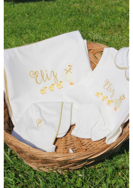 Civciv Nakış Isme Özel 6'lı Yenidoğan Set %100 Pamuk Tulum Battaniye Yastık Şapka Puset Örtü Eldivn indirimleri