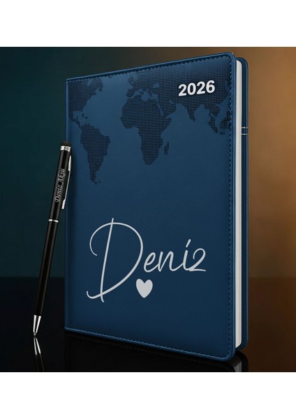 Kişiye Özel Isimli Termo Sert Kapak 2026 Lacivert Ajanda & Kalem -13, Öğretmenler Günü Hediyesi, Yeni Iş Hediyesi