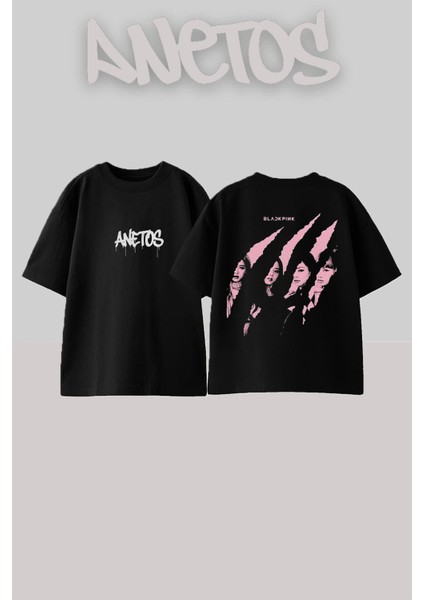 Black Pink 3 Tasarım Sırt Baskılı Pamuk Siyah Oversize T-Shirt