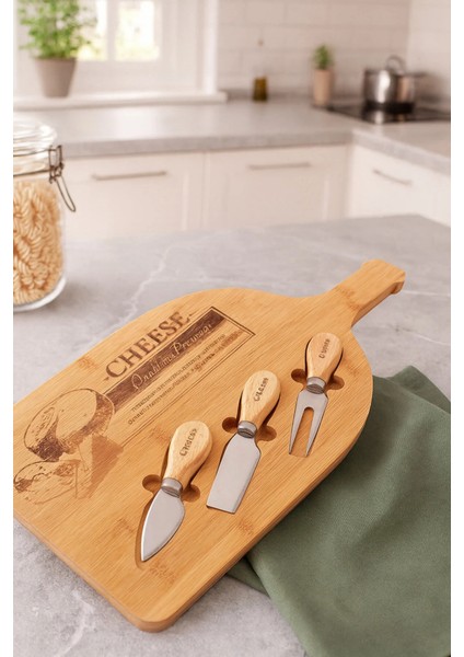 Bambu 4 Parça Peynir Sunum Seti Büyük Boy Bıçaklı Kahvaltı Sunum Tahtası Bambu