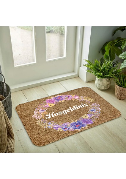 Kelebek Home Hoşgeldiniz Mor Güller Temalı Iç-Dış Kapı Önü Paspası
