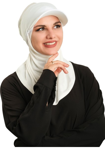 Krem Pratik Hazır Geçmeli Şapkalı Tesettür Eşarp Viskon Düz 2513_40