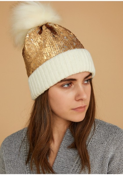 Kadın Pullu Işıltılı Ponponlu Triko Örgü Bere Standart