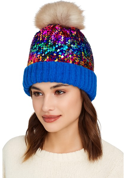 Kadın Pullu Işıltılı Ponponlu Triko Örgü Bere Standart