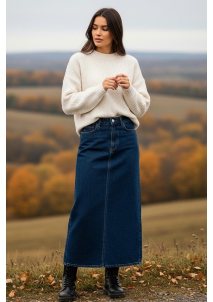 Kadın Koyu Mavi Pamuklu Denim Etek