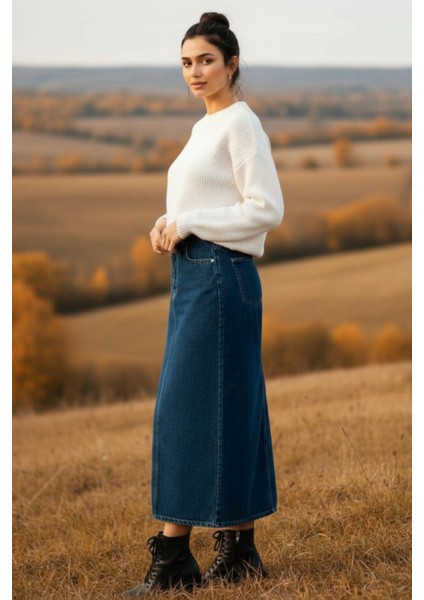 Kadın Koyu Mavi Pamuklu Denim Etek fırsatları