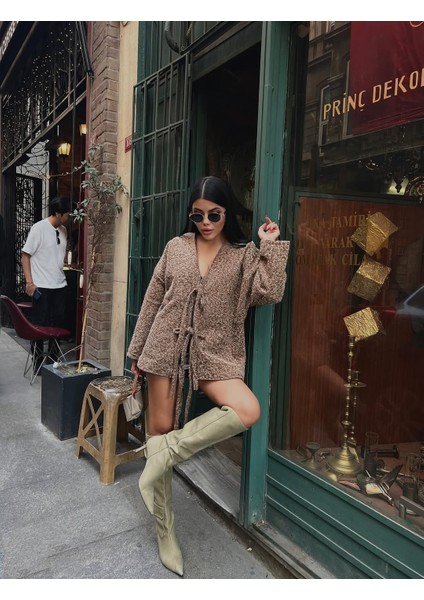 Kadın Tüylü Örme Triko Bağlamalı Hırka Tunik Boy Oversize Salaş Ceket