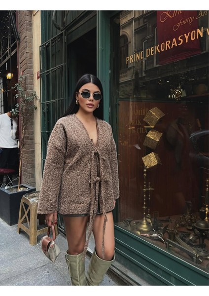 Kadın Tüylü Örme Triko Bağlamalı Hırka Tunik Boy Oversize Salaş Ceket fırsatları