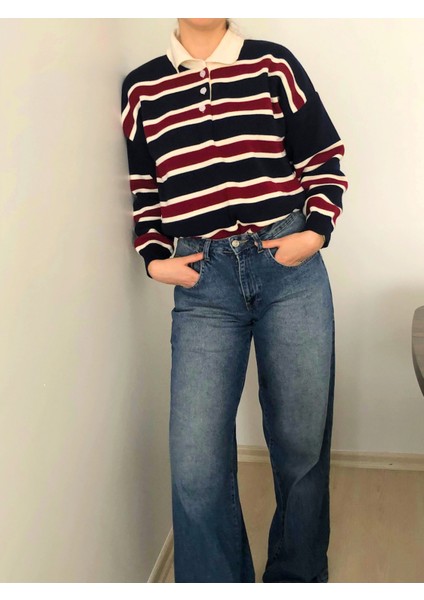 Çizgili Düğmeli Polo Yaka Kadın Triko Kazak