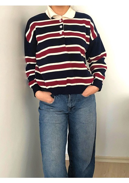 Çizgili Düğmeli Polo Yaka Kadın Triko Kazak fiyatları
