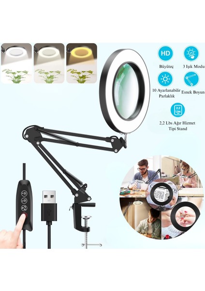 10X Büyüteçli LED Masa Lambası 3 Işık Modlu Masa Üstü Katlanabilir Kollu Bakım Onarım Güzellik Okuma